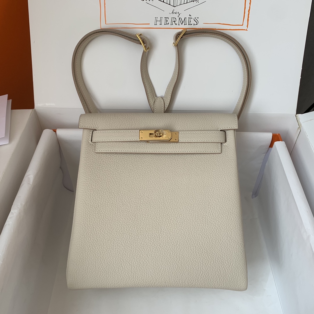 Hermes Kelly Ado Backpack In Pearl Grey Clemence Leather